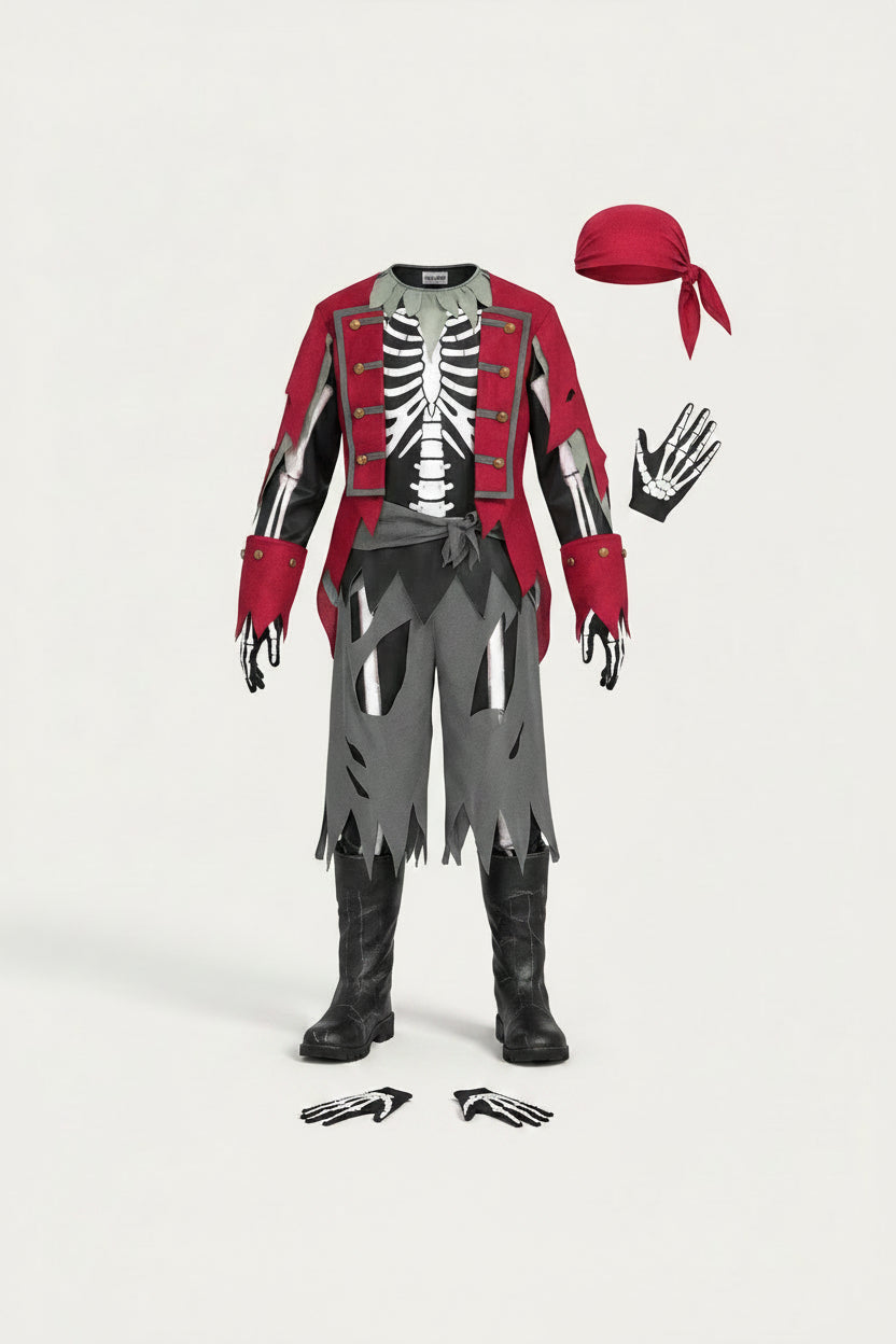 Black and Red Skeleton Pirate Costume for Children | Halloween Fancy Dress