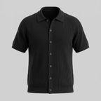 Black Grey Fine Rib Knit Long Sleeve Polo Shirt for Men