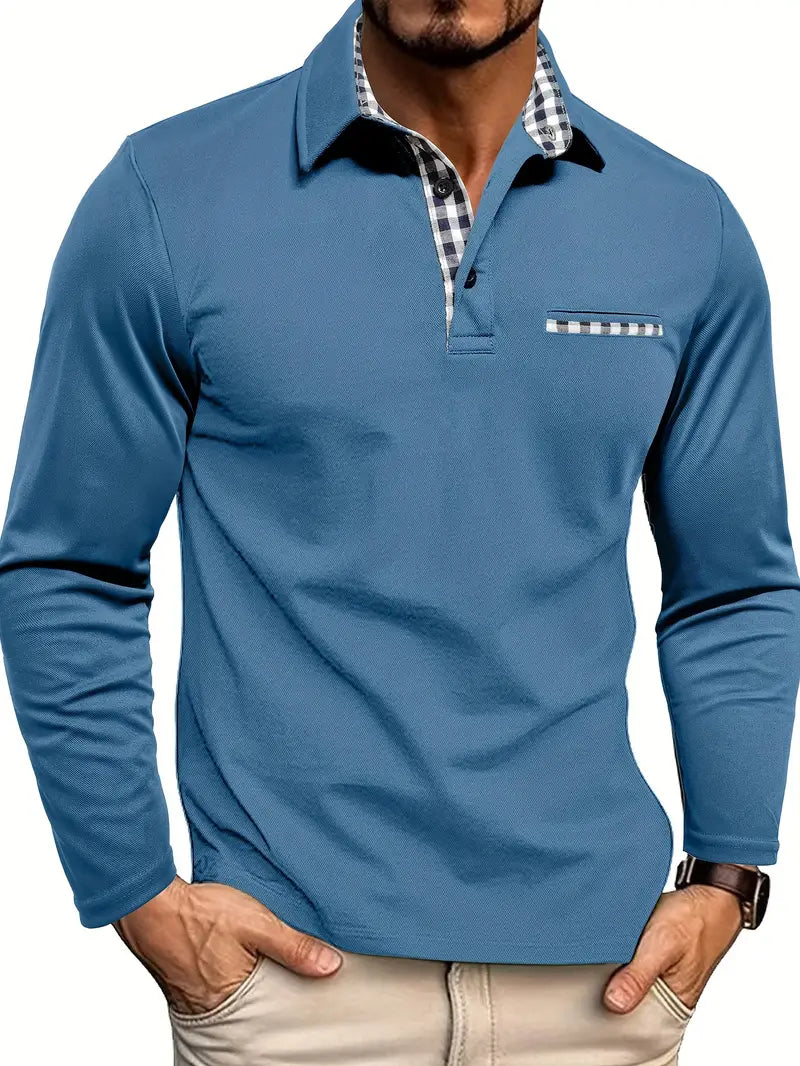 Cotton Blend Long Sleeve Button Polo Shirt for Men | Button Placket
