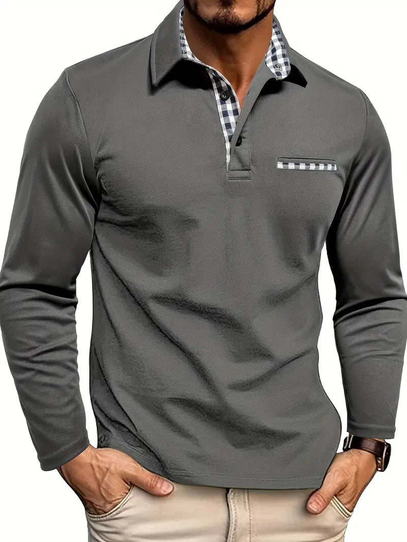 Cotton Blend Long Sleeve Button Polo Shirt for Men | Button Placket