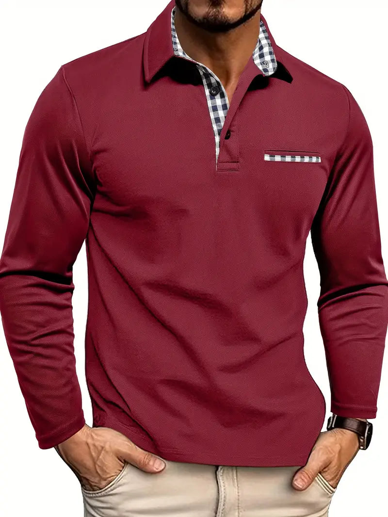 Cotton Blend Long Sleeve Button Polo Shirt for Men | Button Placket