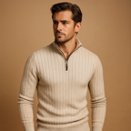 Grey Half-Zip Ribbed Sleeve Jumper for Men