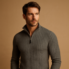Grey Half-Zip Ribbed Sleeve Jumper for Men