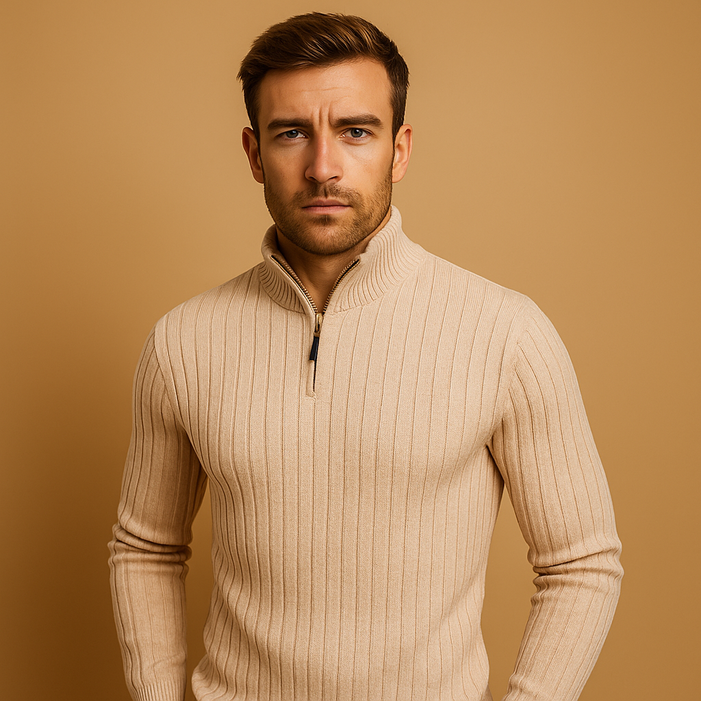 Grey Half-Zip Ribbed Sleeve Jumper for Men