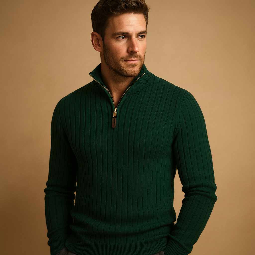 Grey Half-Zip Ribbed Sleeve Jumper for Men
