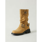 Chunky Sole Mid Calf Biker Boots with Buckle Detail and Block Heel for Women