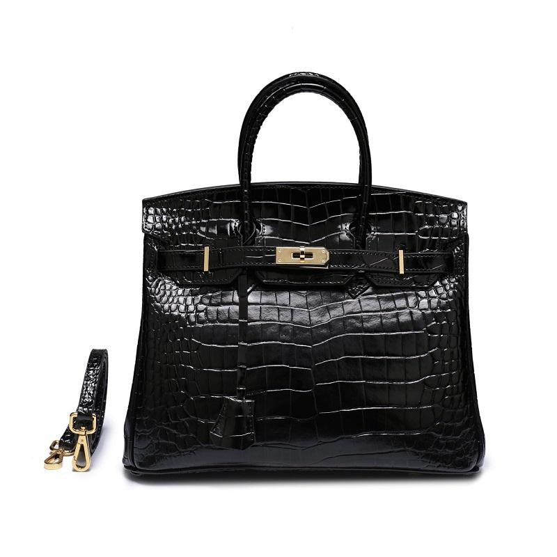 Genuine Leather Twist Lock Handbag with Gold Hardware and Pockets for Women