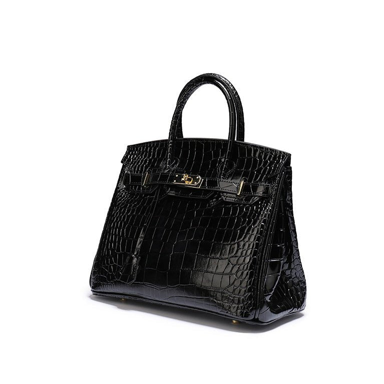 Genuine Leather Twist Lock Handbag with Gold Hardware and Pockets for Women