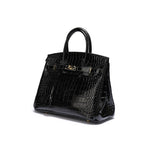 Genuine Leather Twist Lock Handbag with Gold Hardware and Pockets for Women