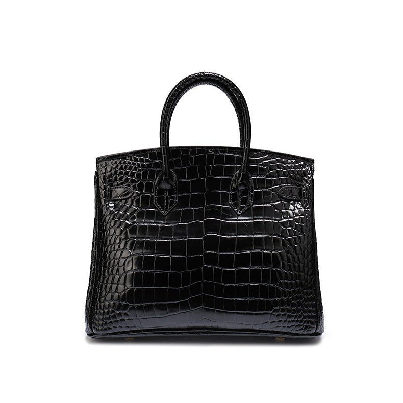 Genuine Leather Twist Lock Handbag with Gold Hardware and Pockets for Women