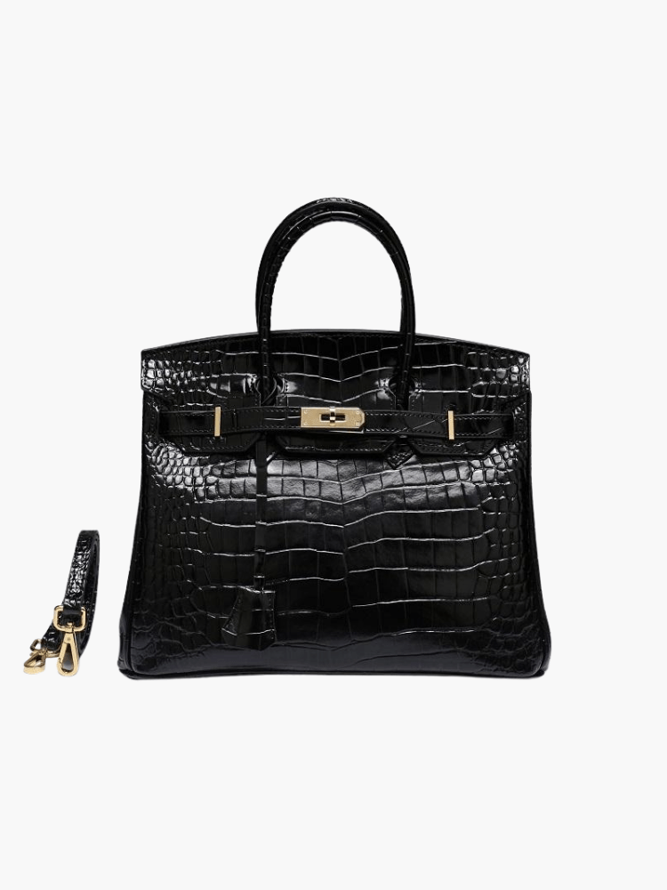 Genuine Leather Twist Lock Handbag with Gold Hardware and Pockets for Women