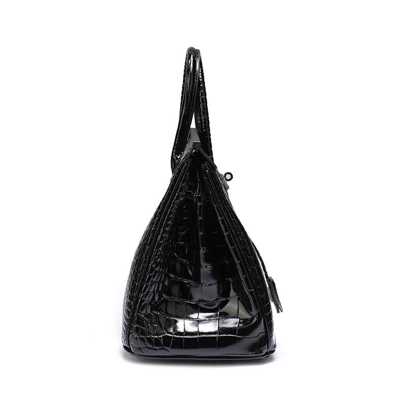 Genuine Leather Twist Lock Handbag with Gold Hardware and Pockets for Women