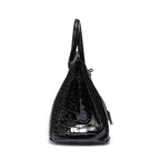 Genuine Leather Twist Lock Handbag with Gold Hardware and Pockets for Women