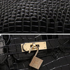 Genuine Leather Twist Lock Handbag with Gold Hardware and Pockets for Women