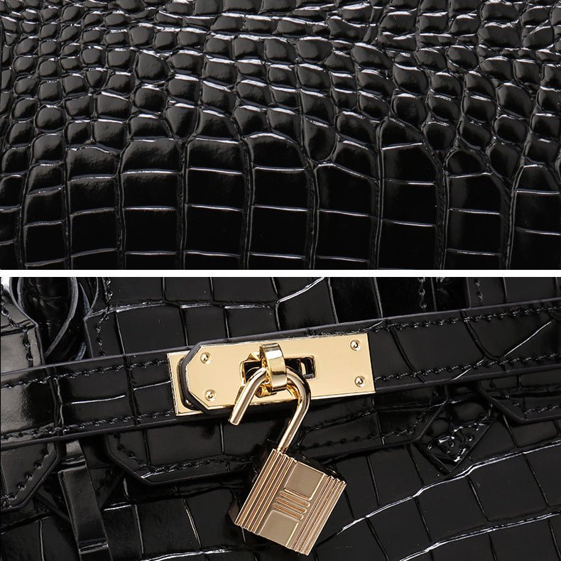 Genuine Leather Twist Lock Handbag with Gold Hardware and Pockets for Women