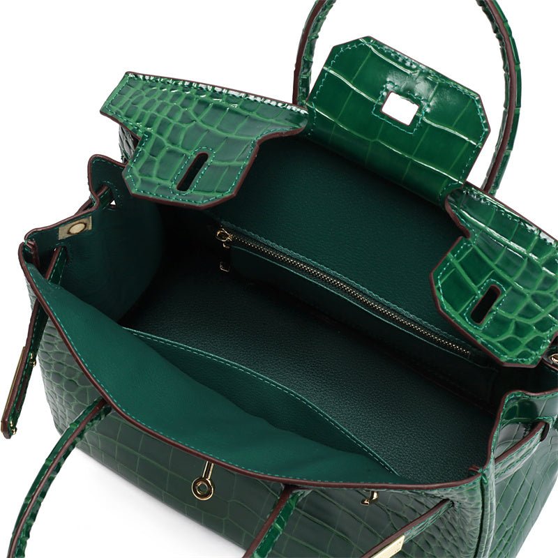 Genuine Leather Twist Lock Handbag with Gold Hardware and Pockets for Women