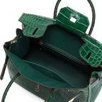 Genuine Leather Twist Lock Handbag with Gold Hardware and Pockets for Women