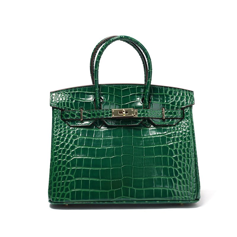 Genuine Leather Twist Lock Handbag with Gold Hardware and Pockets for Women