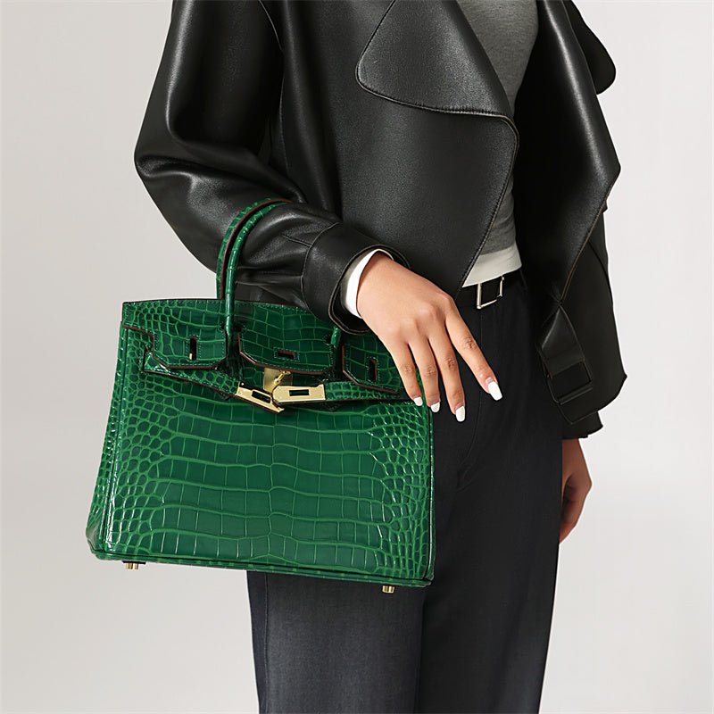 Genuine Leather Twist Lock Handbag with Gold Hardware and Pockets for Women