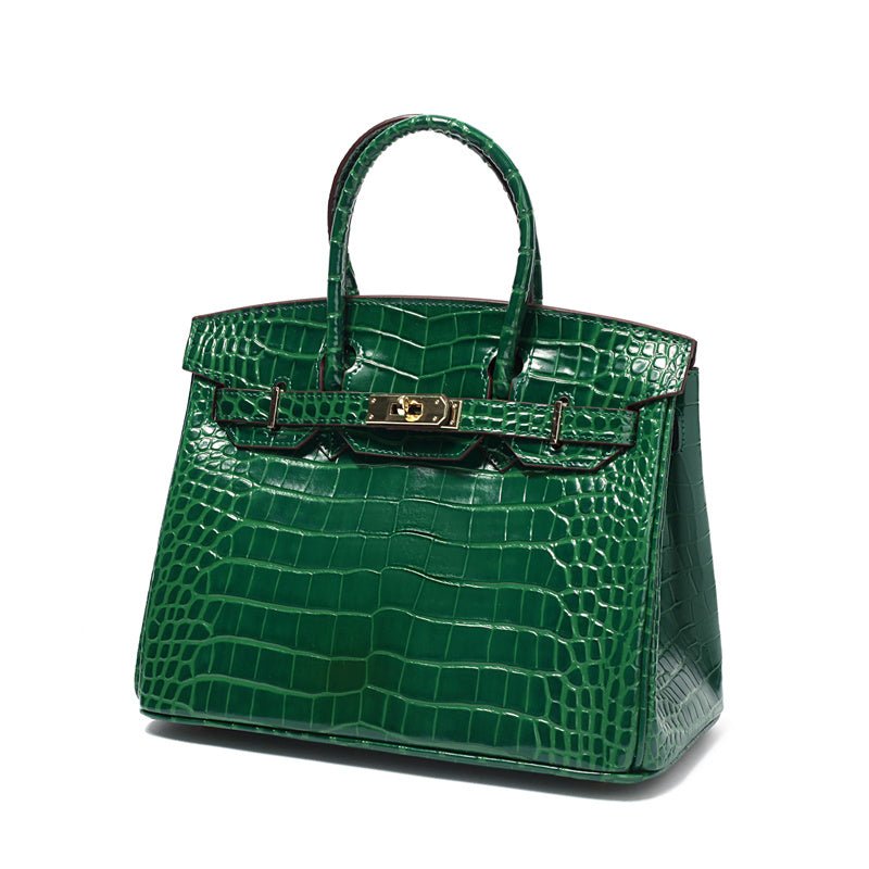 Genuine Leather Twist Lock Handbag with Gold Hardware and Pockets for Women