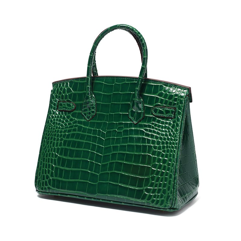 Genuine Leather Twist Lock Handbag with Gold Hardware and Pockets for Women