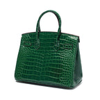Genuine Leather Twist Lock Handbag with Gold Hardware and Pockets for Women