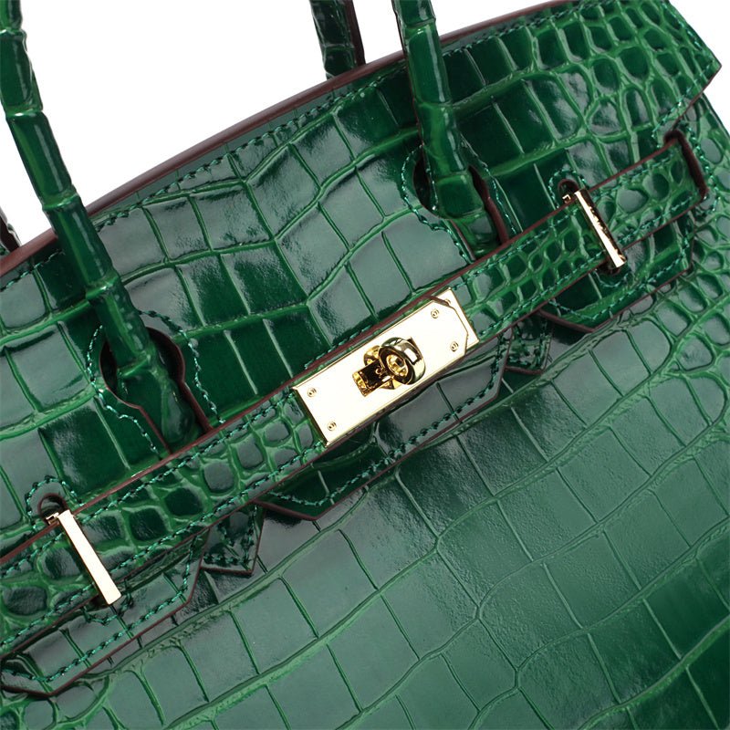 Genuine Leather Twist Lock Handbag with Gold Hardware and Pockets for Women
