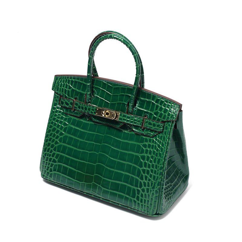 Genuine Leather Twist Lock Handbag with Gold Hardware and Pockets for Women