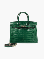 Genuine Leather Twist Lock Handbag with Gold Hardware and Pockets for Women