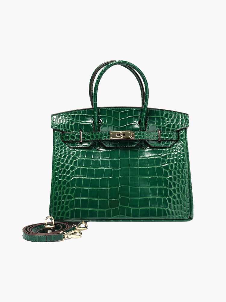 Genuine Leather Twist Lock Handbag with Gold Hardware and Pockets for Women