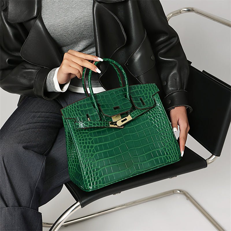 Genuine Leather Twist Lock Handbag with Gold Hardware and Pockets for Women