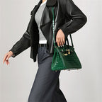 Genuine Leather Twist Lock Handbag with Gold Hardware and Pockets for Women