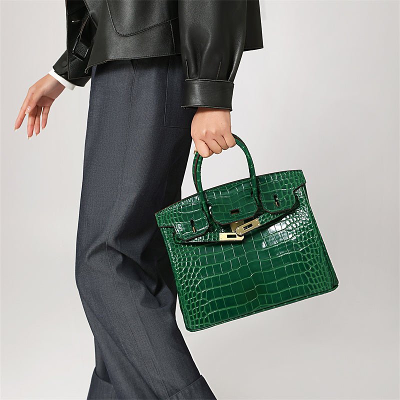 Genuine Leather Twist Lock Handbag with Gold Hardware and Pockets for Women