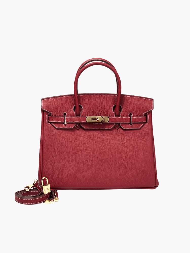 Genuine Leather Twist Lock Handbag with Gold Hardware and Pockets for Women