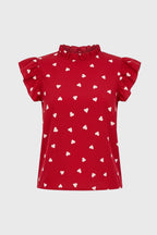 Heart Print Ruffle Sleeve High Neck Top for Women