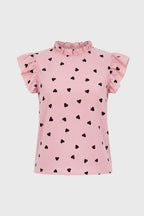 Heart Print Ruffle Sleeve High Neck Top for Women