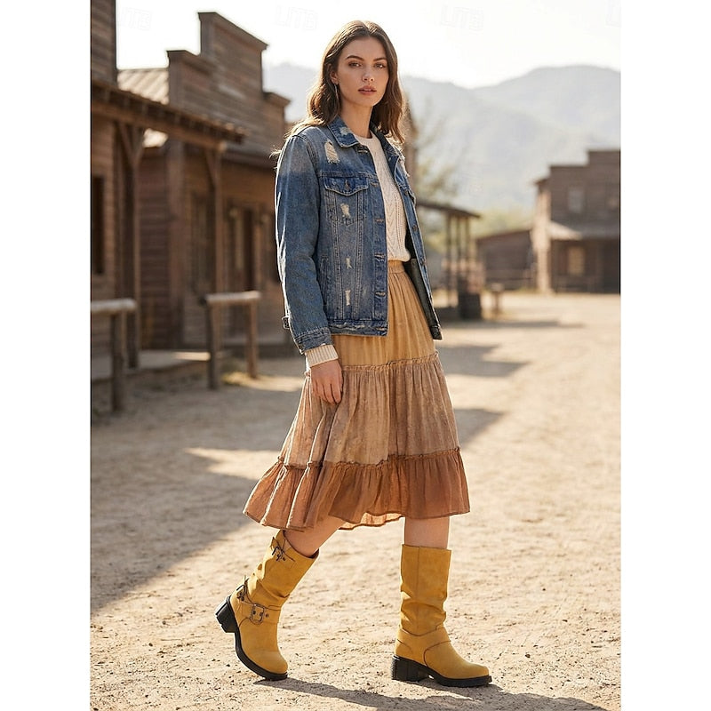 Chunky Sole Mid Calf Biker Boots with Buckle Detail and Block Heel for Women