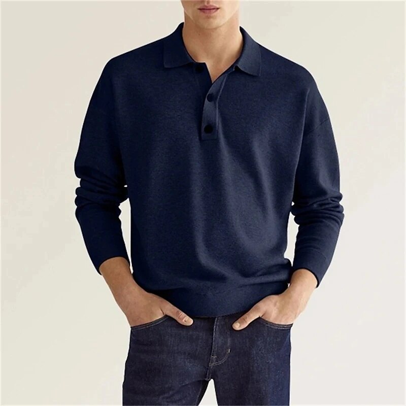 Polycotton Knitted Long Sleeve Polo Shirt for Men | Collared Top