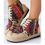 Red and Blue Bohemian Patterned High Top Lace Up Platform Trainers for Women