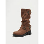 Chunky Sole Mid Calf Biker Boots with Buckle Detail and Block Heel for Women