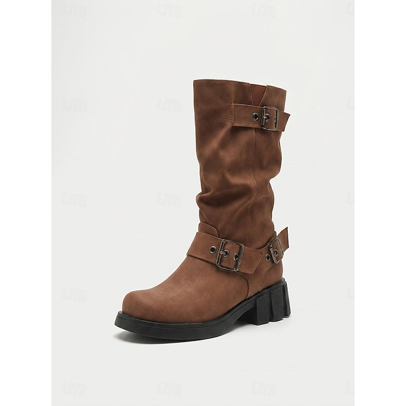 Chunky Sole Mid Calf Biker Boots with Buckle Detail and Block Heel for Women