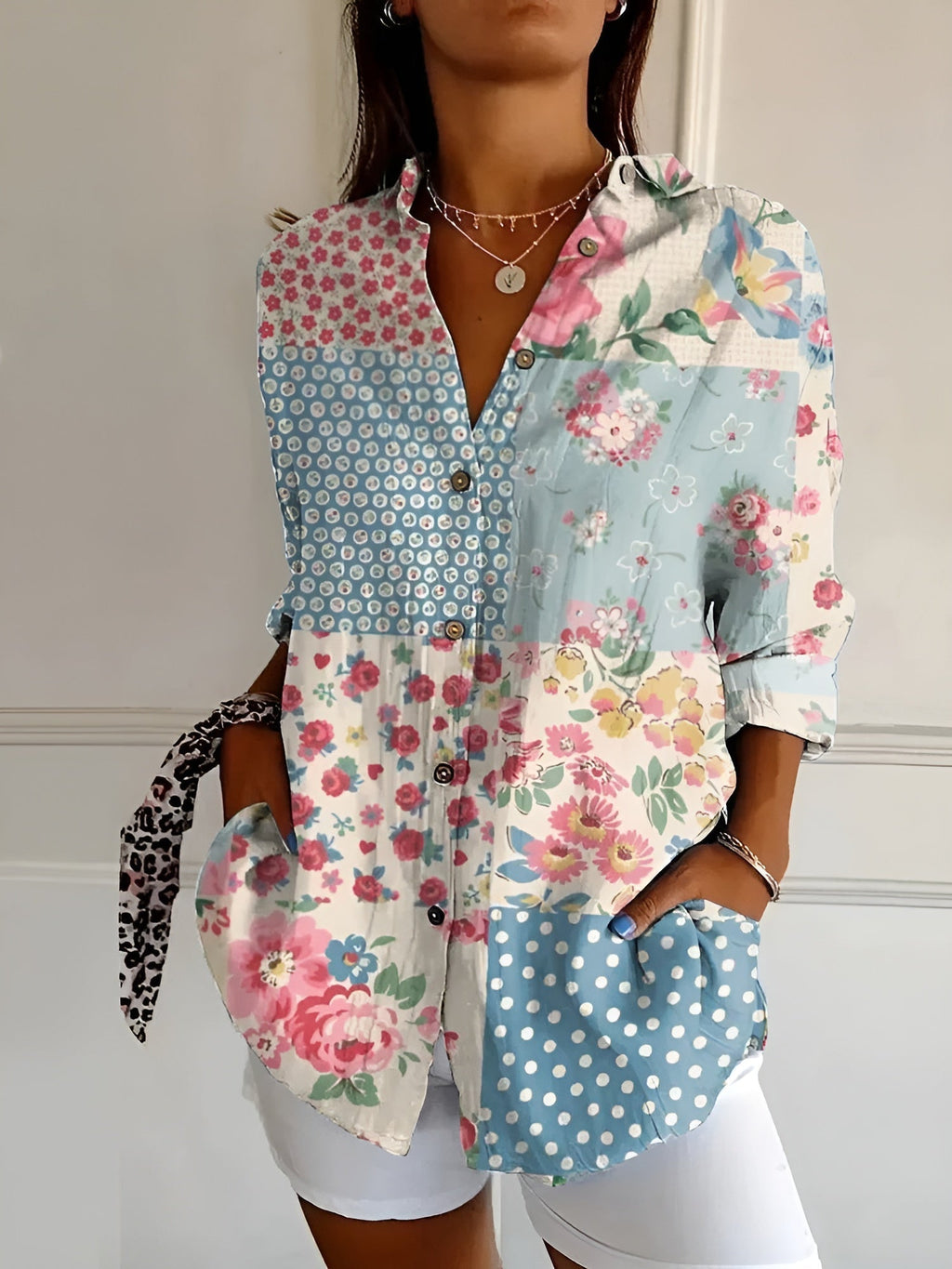Abstract Print Split Neck Blouse for Women