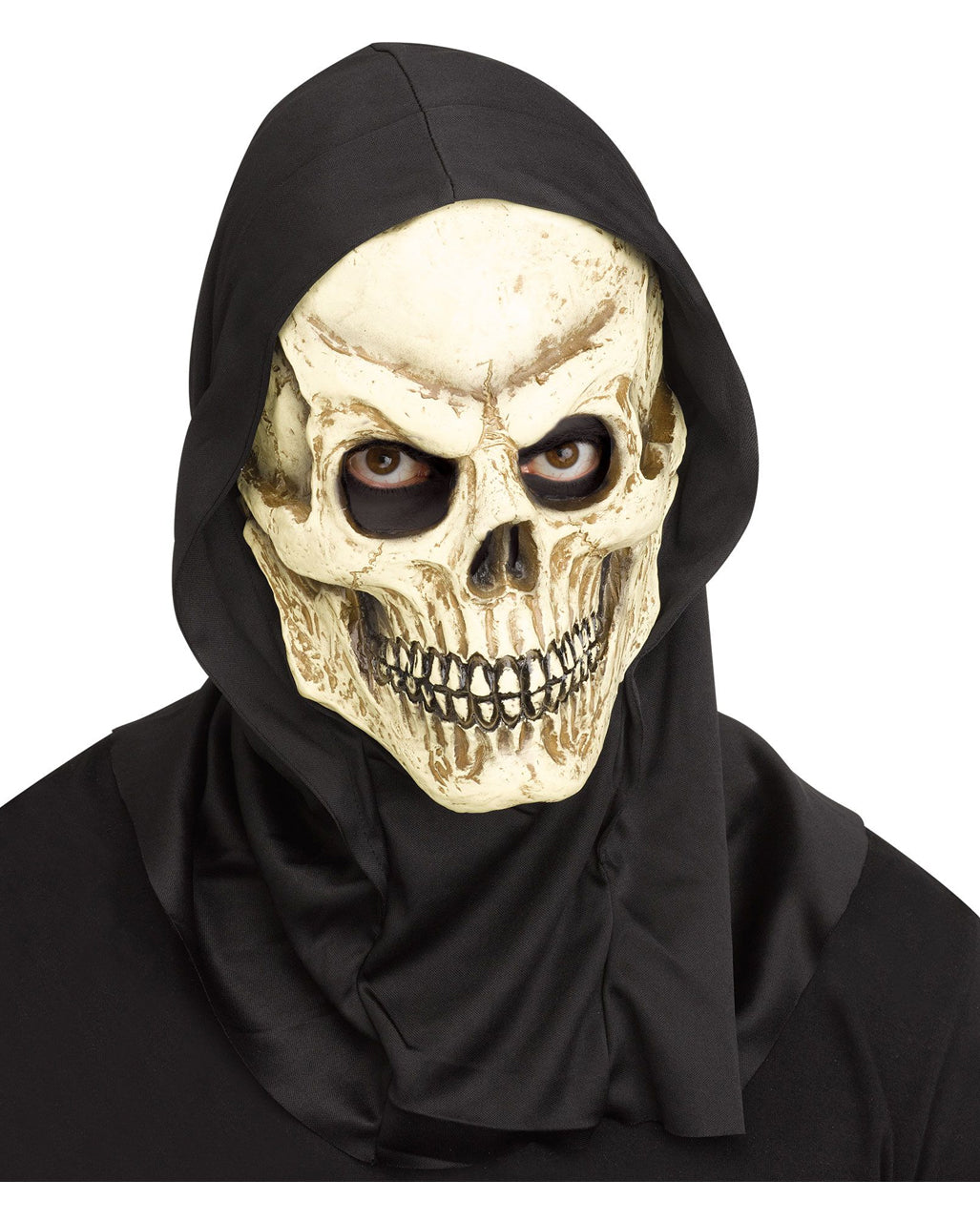 Beige Brown Black Vinyl Hood Decayed Skull Halloween Horror Mask for Men