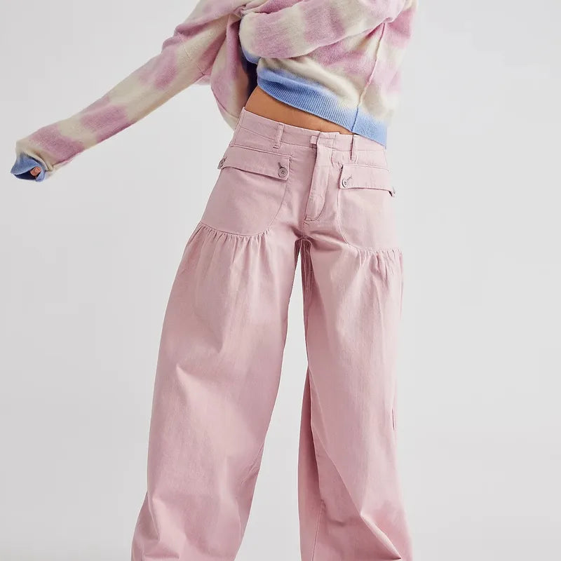 Pleated Wide Leg Trousers with Pocket Detail for Women | Bohemian Style