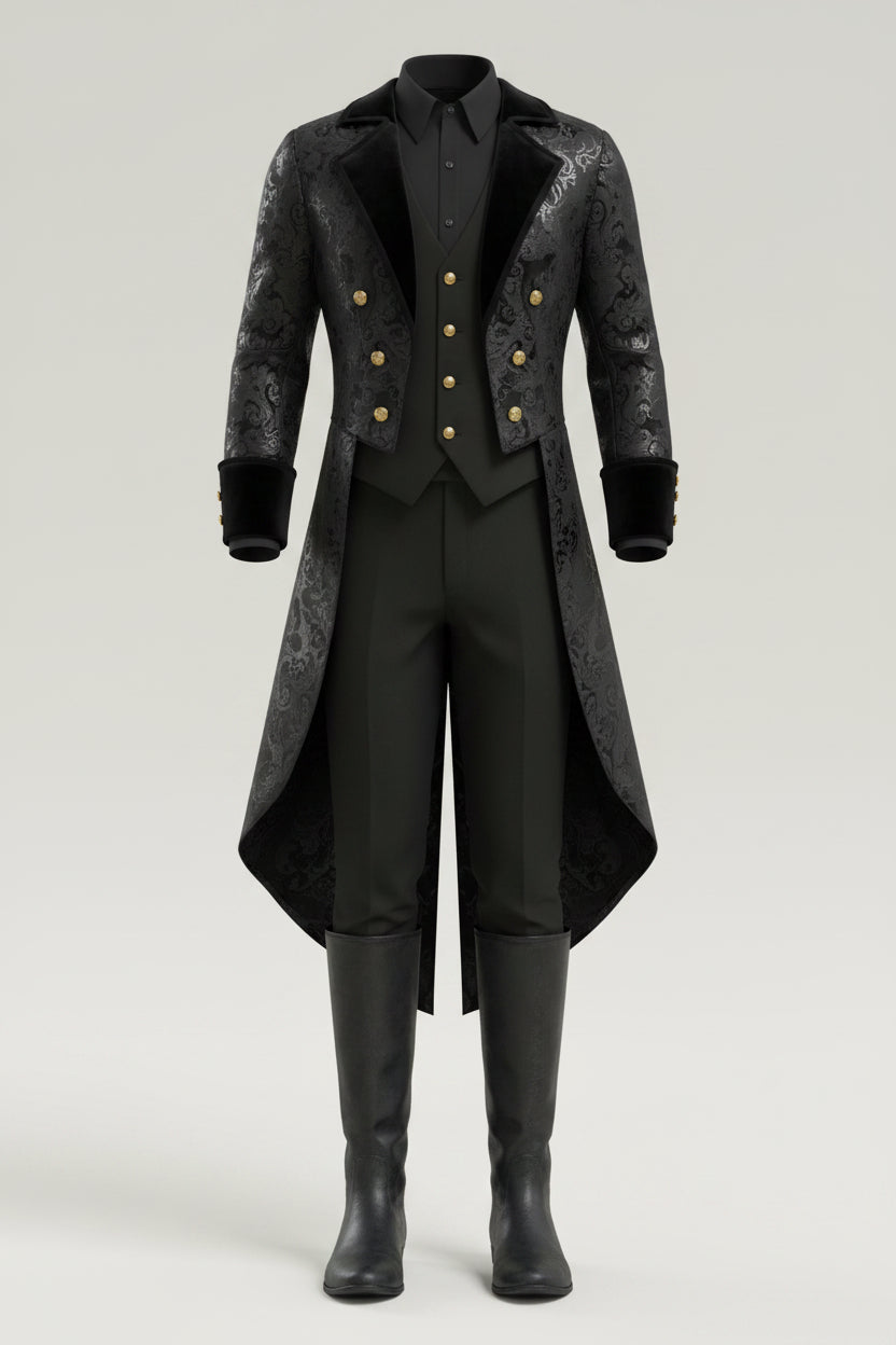 Black Gold Embossed Victorian Tailored Costume Coat for Men | Halloween
