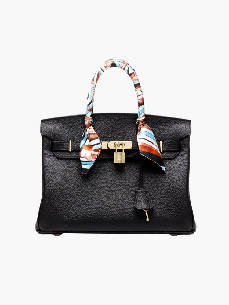 Genuine Leather Twist Lock Handbag with Gold Hardware and Pockets for Women