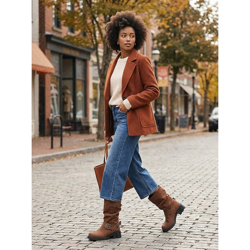 Chunky Sole Mid Calf Biker Boots with Buckle Detail and Block Heel for Women