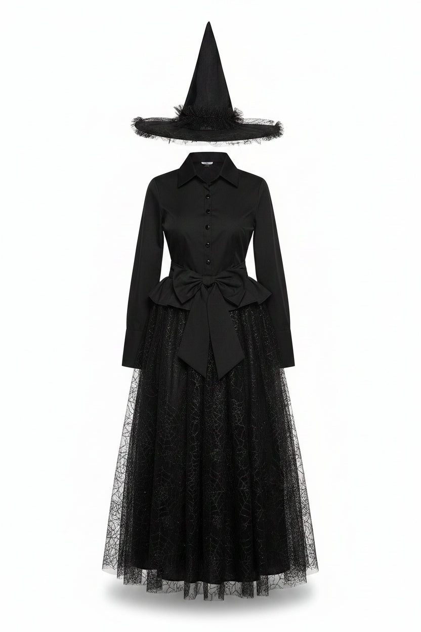 Black Spiderweb Lace Gothic Witch Dress and Hat for Women | Halloween Costume