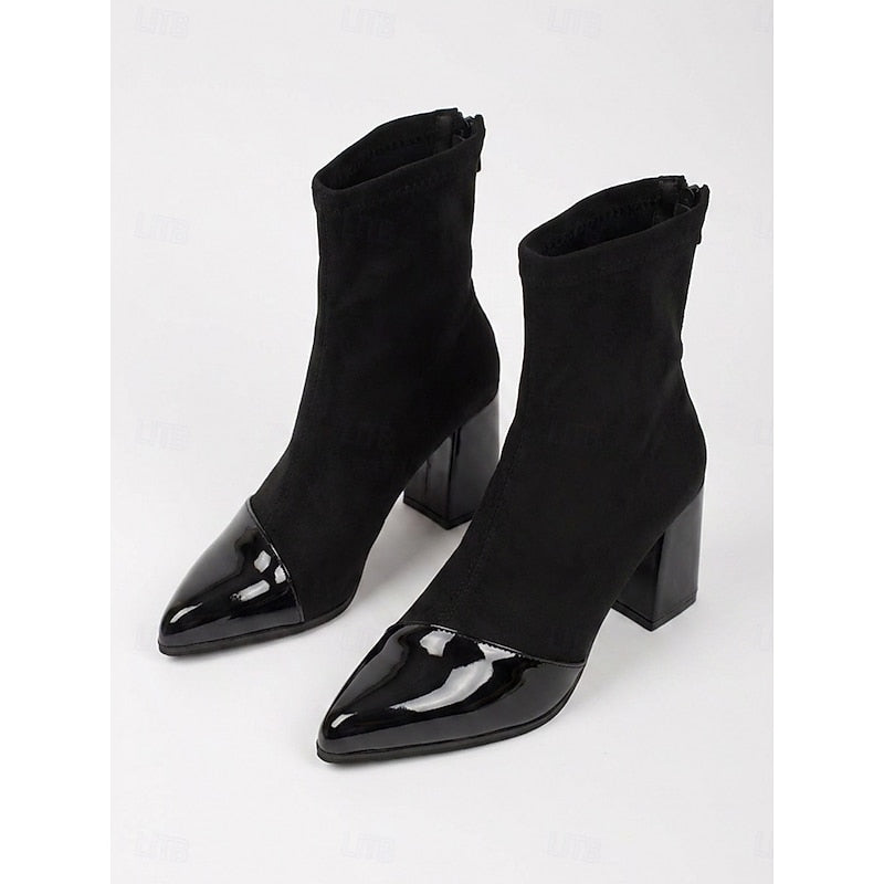 Stretch Shaft Cap Toe Chunky Block Heel Ankle Boots for Women | Office Wear