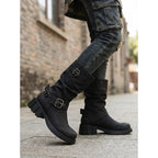 Chunky Sole Mid Calf Biker Boots with Buckle Detail and Block Heel for Women